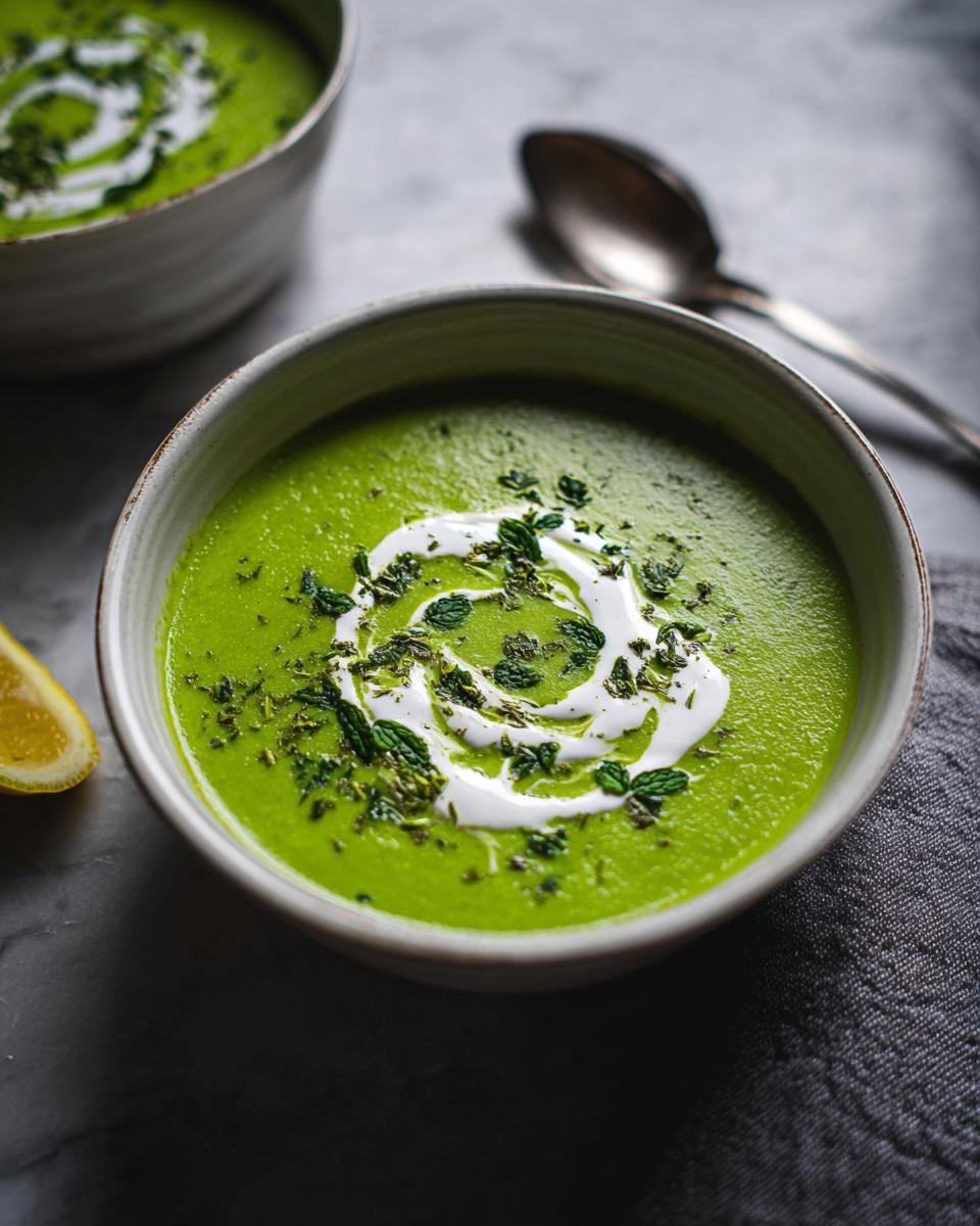 Nahaufnahme einer leuchtend grünen Erbsensuppe mit Minze, verziert mit einem Klecks Sahne und frischen Minzblättern.