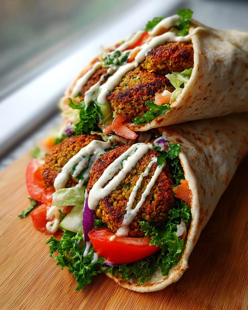 Nahaufnahme von zwei gestapelten Falafel im Wrap mit frischem Salat, Tomaten und reichlich cremiger Tahini-Sauce.