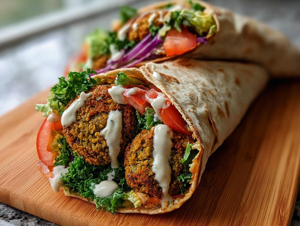 Nahaufnahme von zwei Falafel im Wrap mit Tahini-Sauce, frischem Salat und Tomaten auf einem Holzbrett.