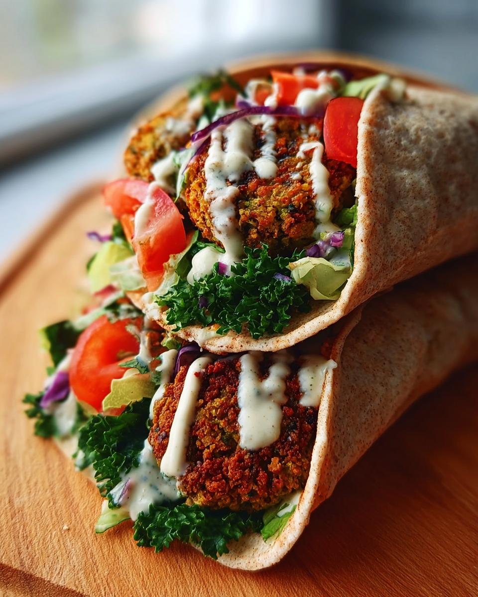 Zwei gefüllte Falafel im Wrap mit viel Gemüse, Koriander und cremiger Tahini-Sauce.