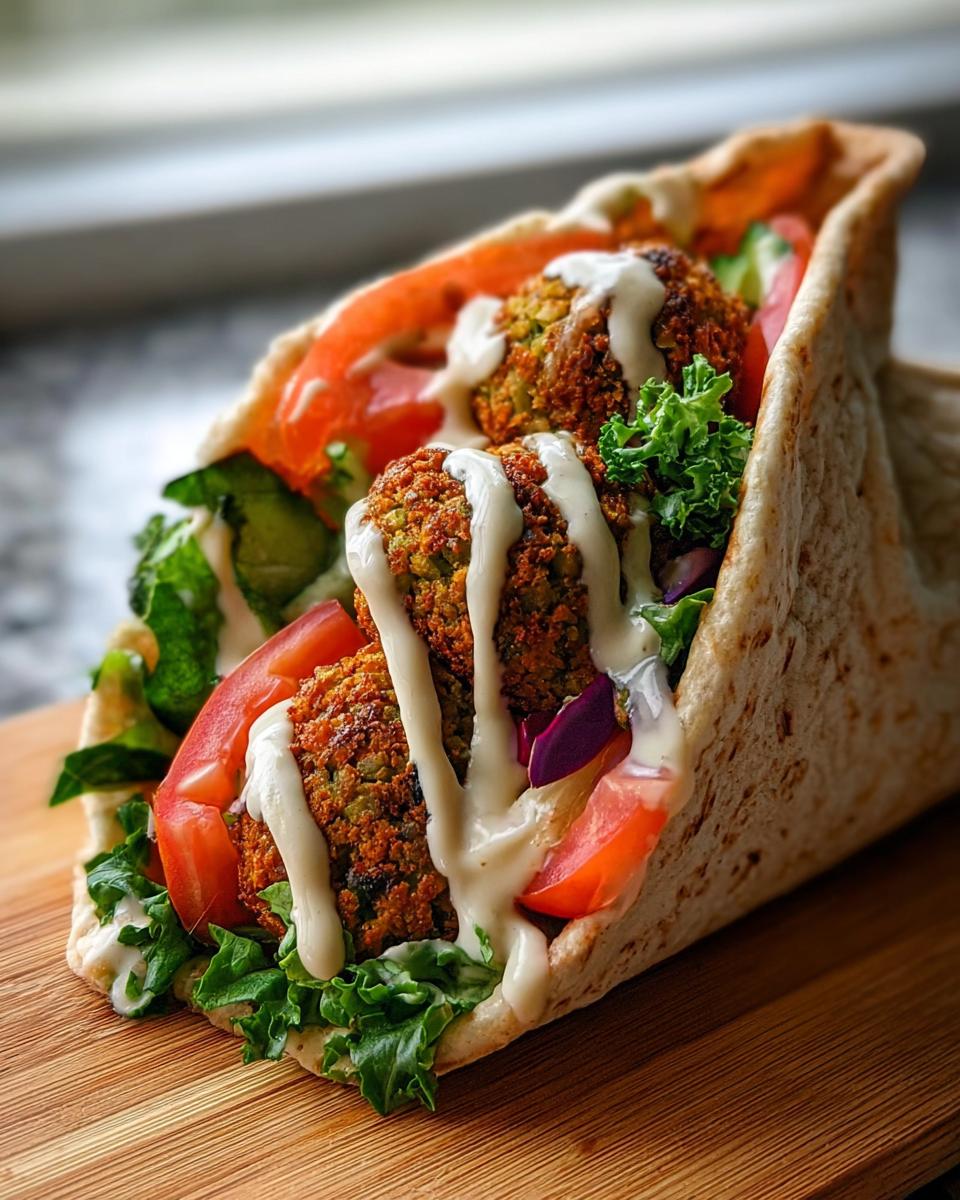 Nahaufnahme eines Falafel im Wrap mit Tahini-Sauce, gefüllt mit frischem Salat und Tomaten.