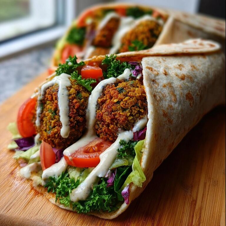 Nahaufnahme eines Falafel im Wrap mit Tahini-Sauce, gefüllt mit frittierten Falafelbällchen, Salat und Tomaten.