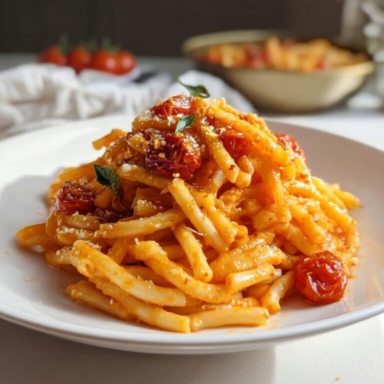Ein Teller mit cremiger Baked Feta Pasta (TikTok-Style), garniert mit gerösteten Kirschtomaten und geriebenem Käse.