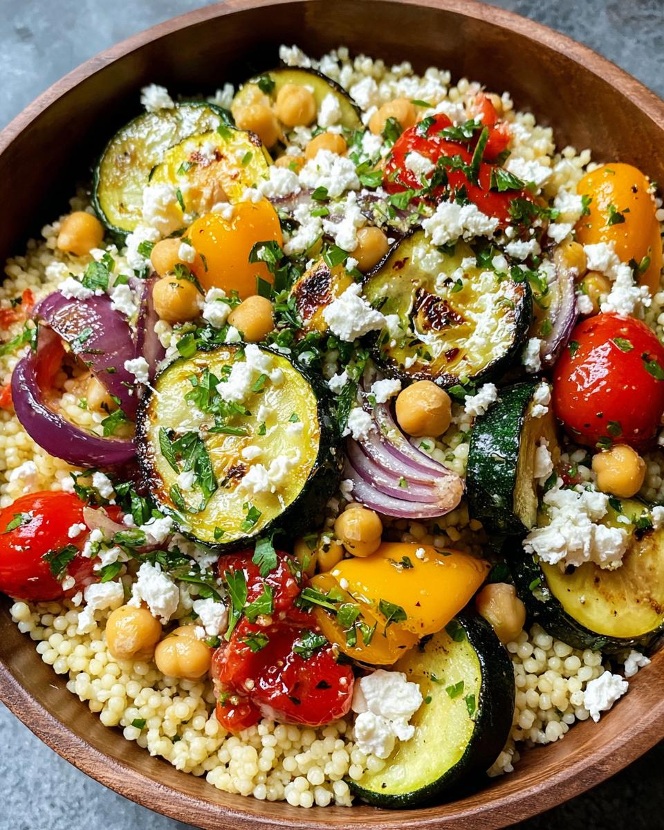 Nahaufnahme einer fertigen Couscous-Bowl mit Kichererbsen & Gemüse, belegt mit gegrillten Zucchini und Feta.
