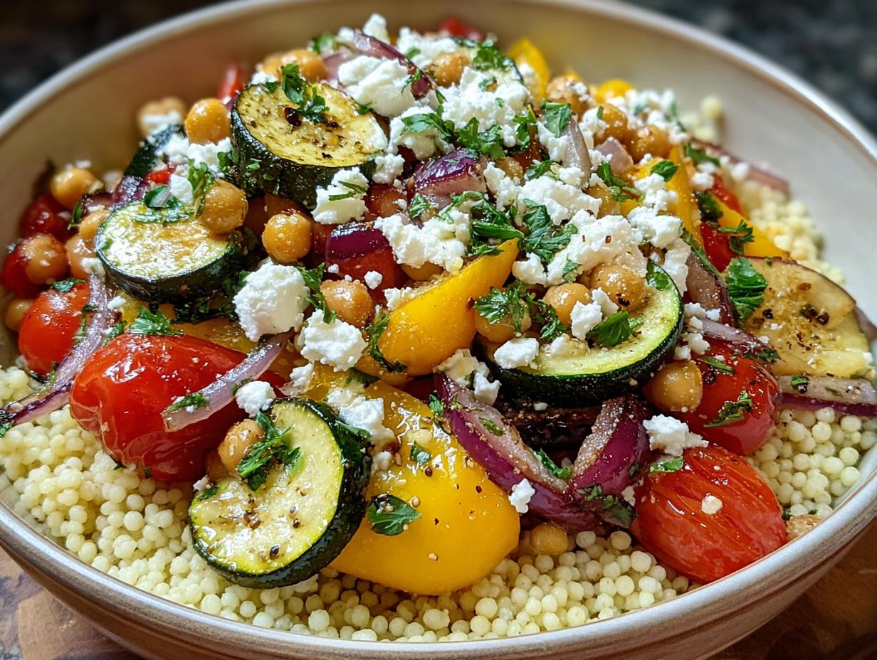 Nahaufnahme einer fertigen Couscous-Bowl mit Kichererbsen & Gemüse, belegt mit Feta und Kräutern.