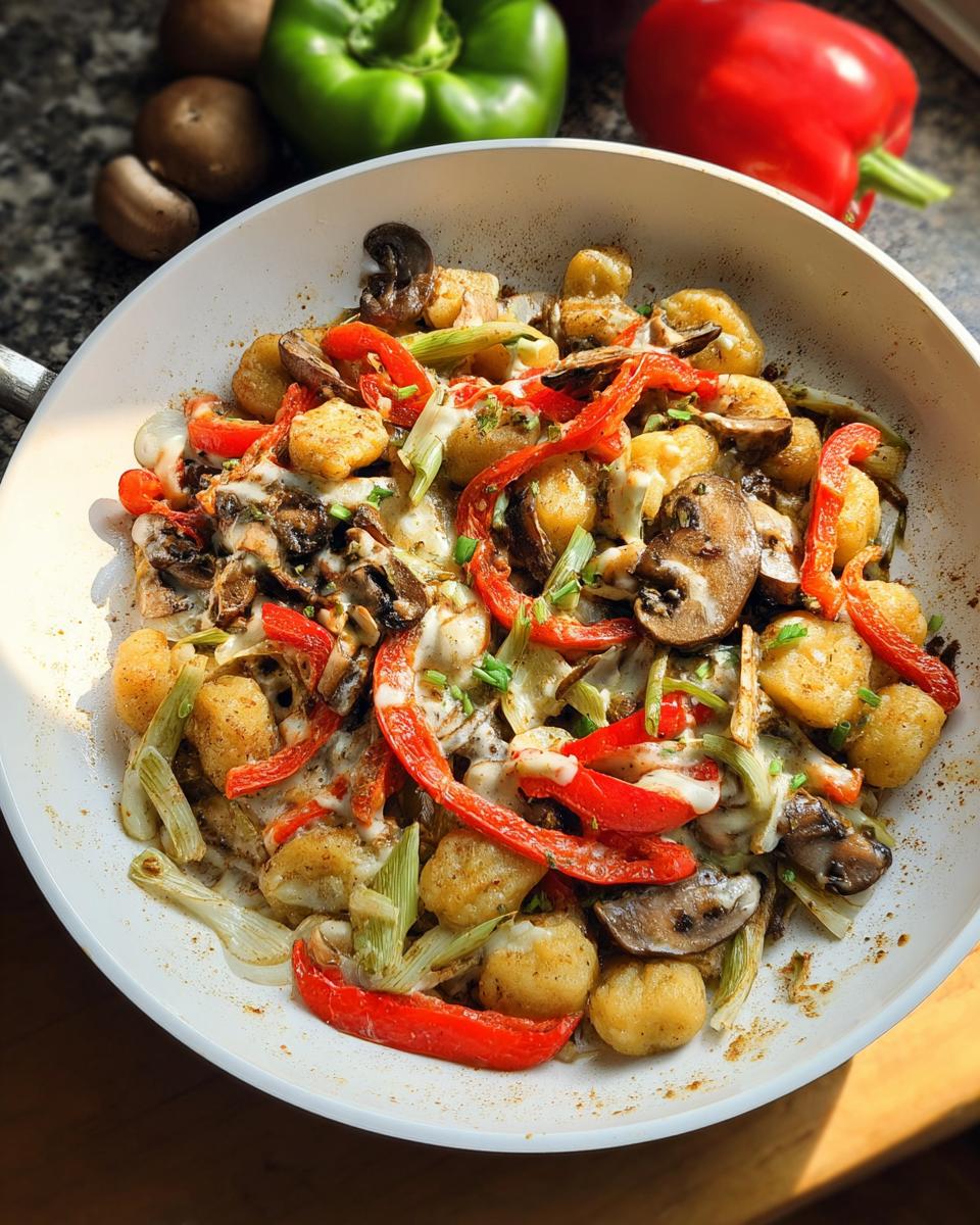 Eine fertige Schupfnudel-Pfanne mit Gemüse, Pilzen und geschmolzenem Käse in einer weißen Pfanne.