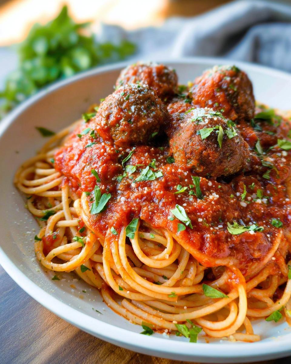 Nahaufnahme von Spaghetti mit Fleischbällchen, bedeckt mit Tomatensauce, Parmesan und Petersilie.