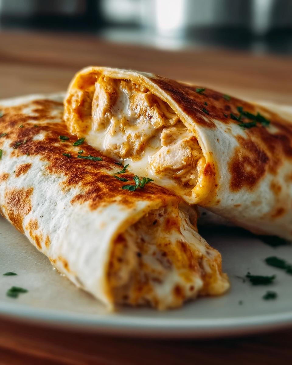 Zwei Hälften von überbackenen Wrap-Röllchen, gefüllt mit cremigen Hähnchen und geschmolzenem Käse.