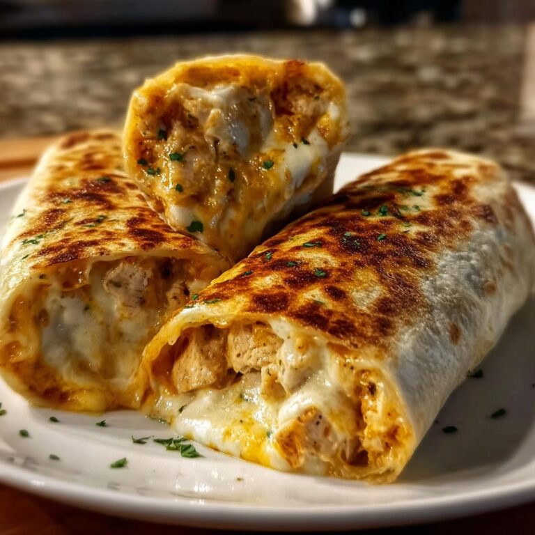 Drei überbackene Wrap-Röllchen überbacken, gefüllt mit Hähnchenstücken und geschmolzenem Käse, auf einem weißen Teller.