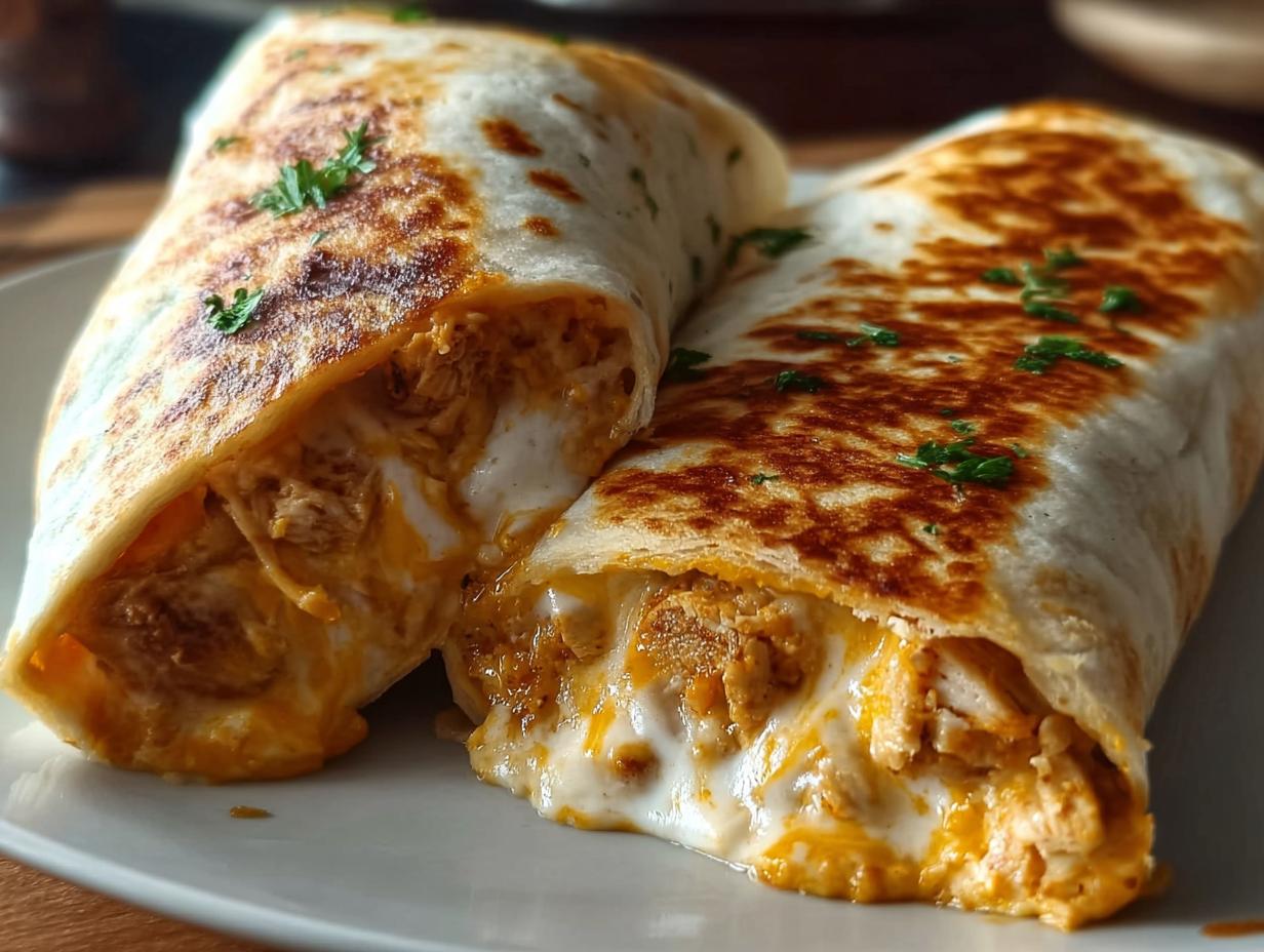 Zwei angeschnittene, überbackene Wrap-Röllchen, gefüllt mit Fleisch und geschmolzenem Käse, ideal für Wrap-Röllchen überbacken.