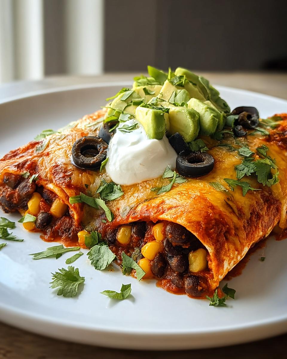 Zwei gerollte Enchiladas gefüllt mit Bohnen und Mais, bedeckt mit Käse, Sauerrahm, Avocado und schwarzen Oliven. Enchilada-Auflauf mit Bohnen.