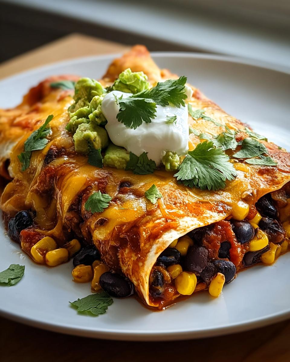 Nahaufnahme eines Enchilada-Auflauf mit Bohnen, gefüllt mit Mais und schwarzen Bohnen, bedeckt mit Käse, Guacamole und Sauerrahm.