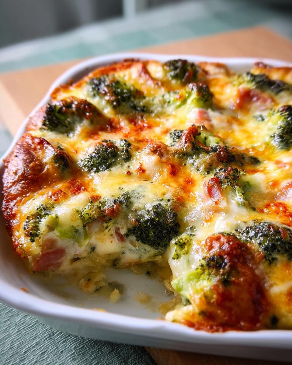 Nahaufnahme eines frisch gebackenen Brokkoli-Schinken-Gratin mit goldbraun geschmolzenem Käse.