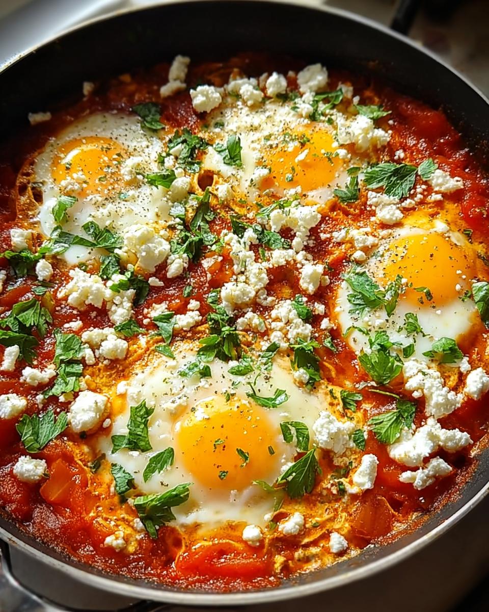 Nahaufnahme von köstlichem Shakshuka mit Feta & Kräutern, pochierten Eiern in Tomatensauce.