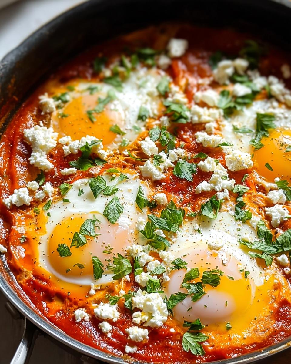 Nahaufnahme von frisch zubereitetem Shakshuka mit Feta & Kräutern, mit pochierten Eiern in einer roten Tomatensauce.