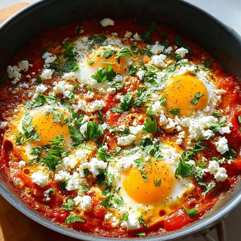 Nahaufnahme von köstlichem Shakshuka mit Feta & Kräutern, mit vier pochierten Eiern in einer würzigen Tomatensauce.