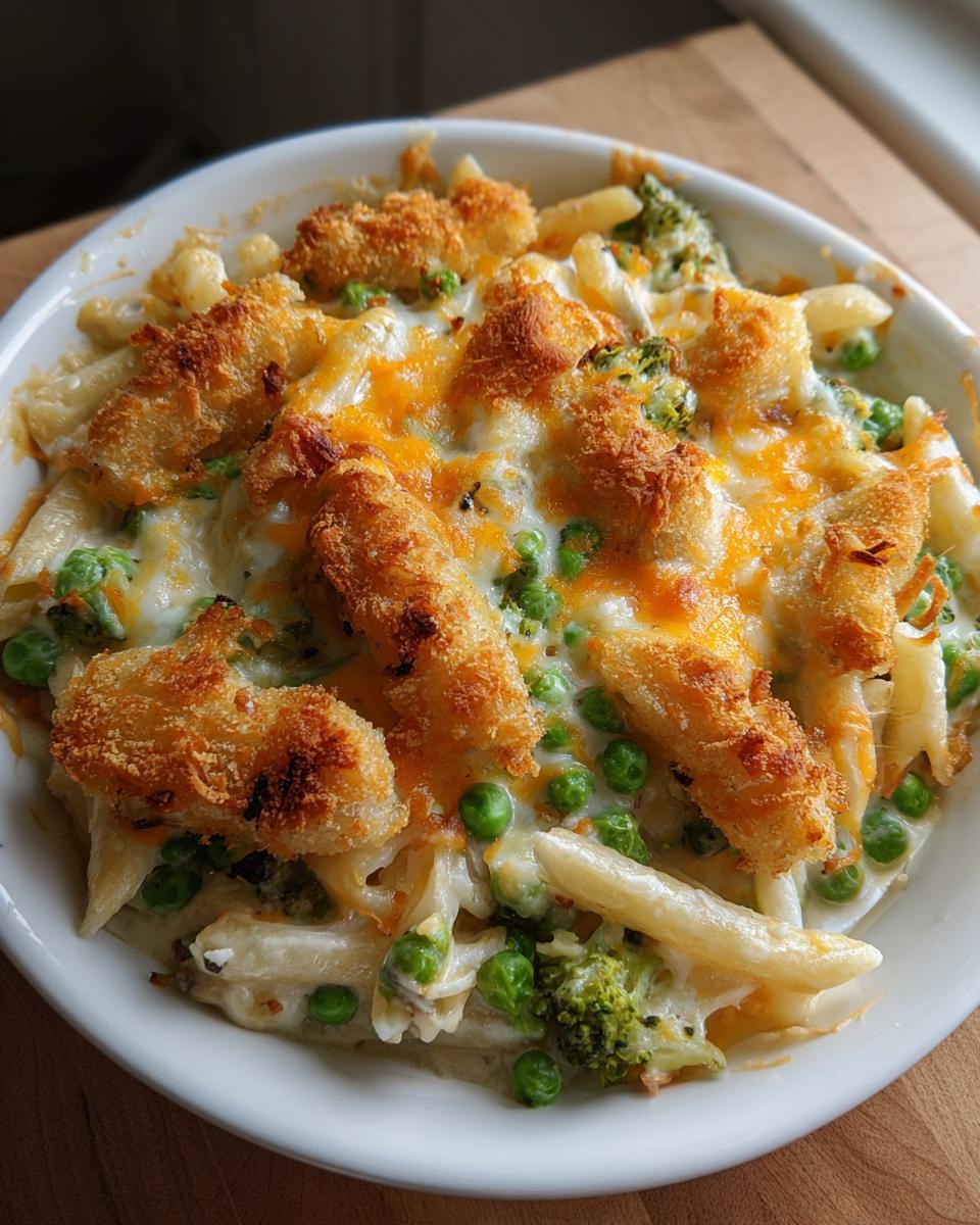 Überbackener Auflauf mit Penne, Erbsen, Brokkoli und knusprigen Fischstäbchen deluxe.