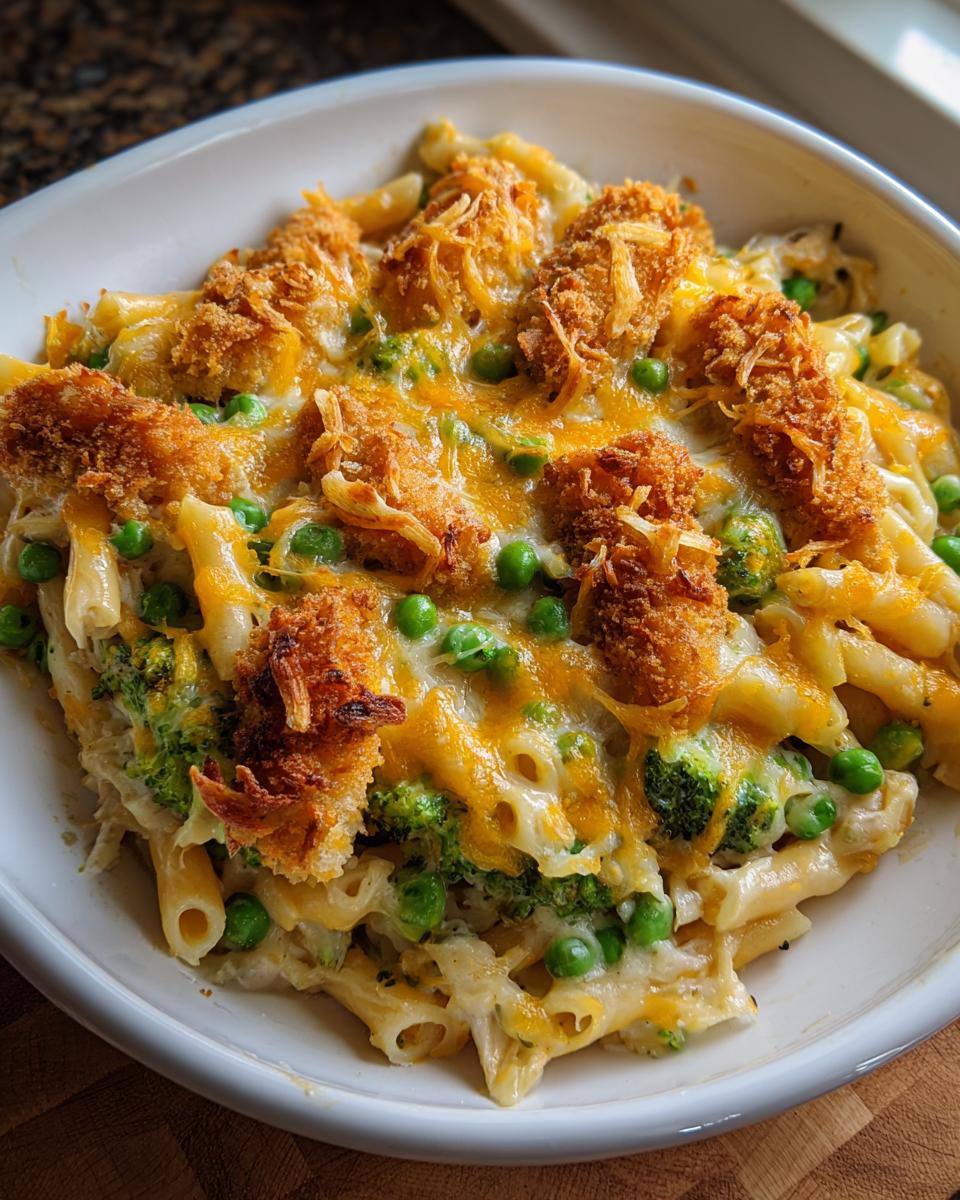 Überbackener Auflauf mit Nudeln, Brokkoli, Erbsen und knusprigen Fischstäbchen deluxe.