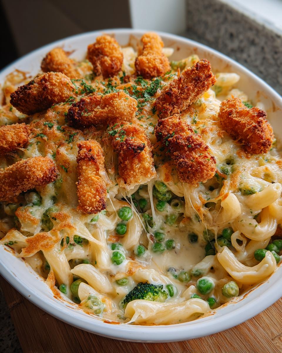 Überbackener Auflauf mit Makkaroni, Erbsen, Käse und knusprigen Fischstäbchen deluxe.