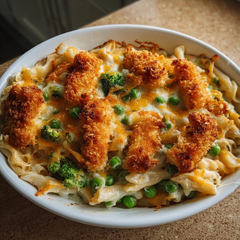 Überbackener Auflauf mit Fischstäbchen deluxe, Erbsen, Brokkoli und geschmolzenem Käse in einer weißen Form.