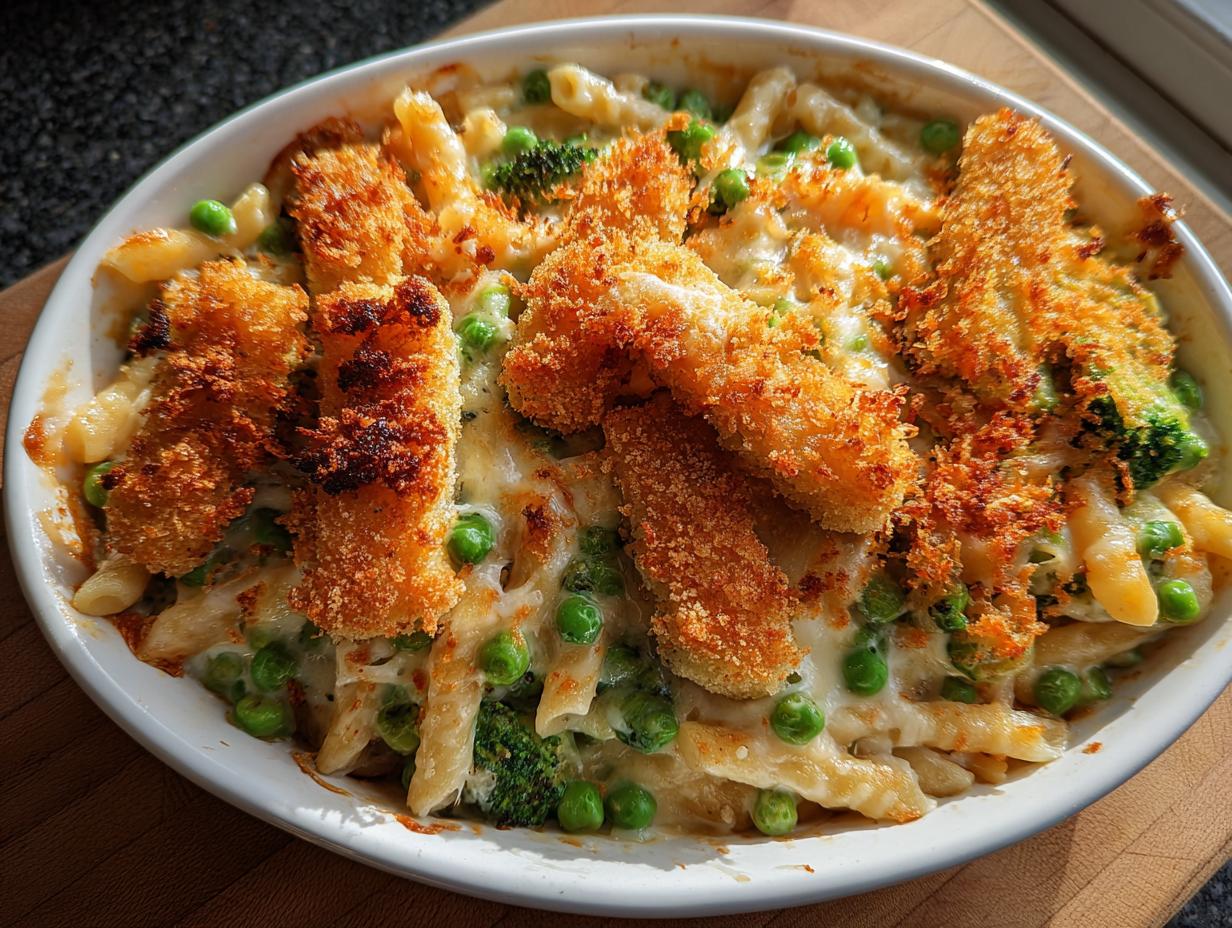 Überbackener Auflauf mit Fischstäbchen deluxe, Penne-Nudeln, Erbsen und Brokkoli in cremiger Käsesauce.