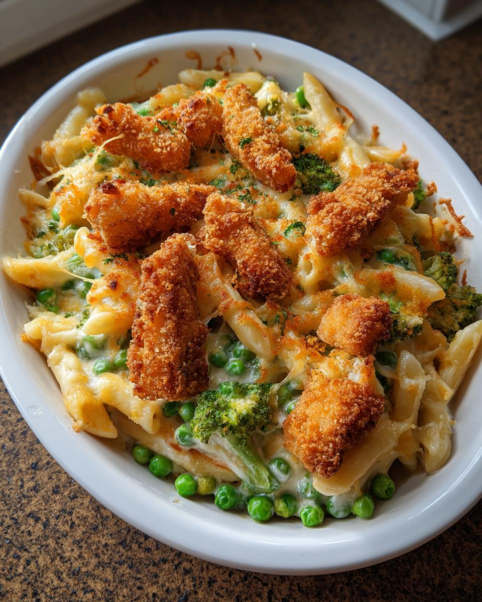 Auflaufgericht mit Penne, Erbsen, Brokkoli, cremiger Sauce und knusprigen Fischstäbchen deluxe.