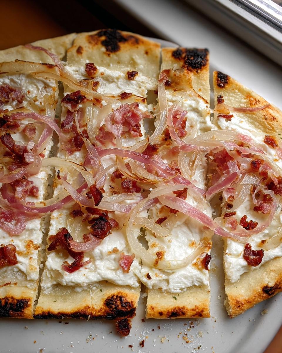 Nahaufnahme von Flammkuchen klassisch mit Speck & Zwiebeln, in Quadrate geschnitten, mit cremiger Basis und gebräunten Rändern.