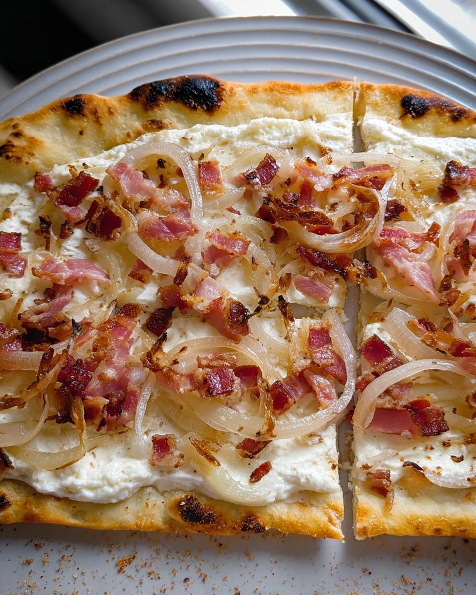 Nahaufnahme von Flammkuchen klassisch mit Speck & Zwiebeln auf einem Teller, mit knusprigem Rand.