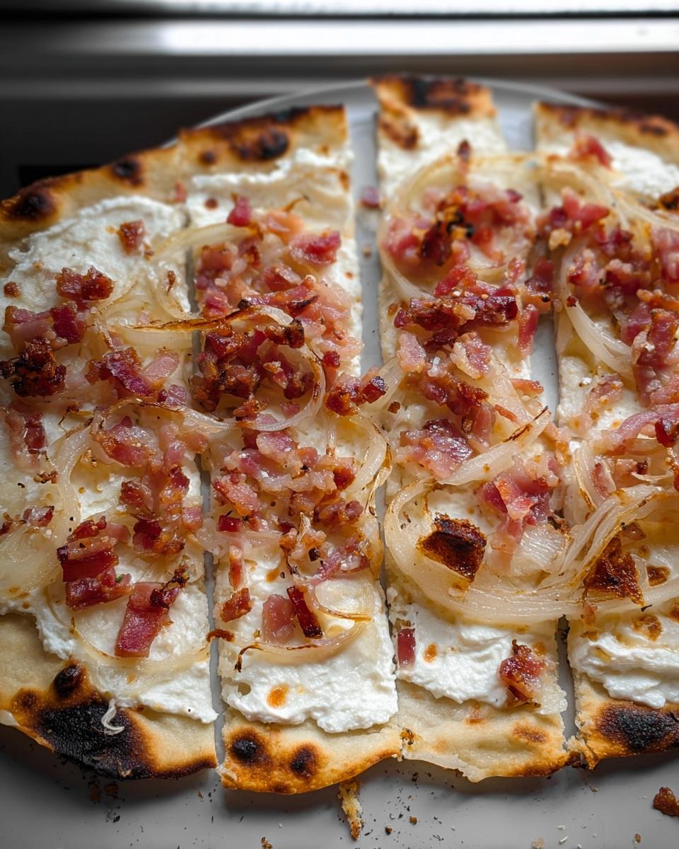 Nahaufnahme von in Streifen geschnittenem Flammkuchen klassisch mit Speck & Zwiebeln auf einer cremigen Basis.