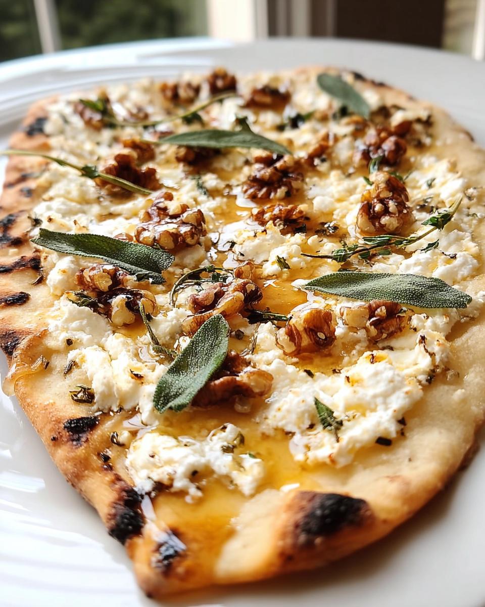 Nahaufnahme eines Flammkuchen mit Ziegenkäse, Walnüssen, Honig und Salbeiblättern.