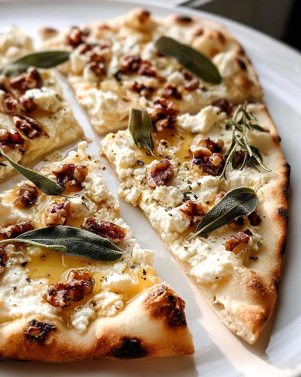 Drei Stücke Flammkuchen mit Ziegenkäse, Honig, Walnüssen und Salbeiblättern auf einem weißen Teller.