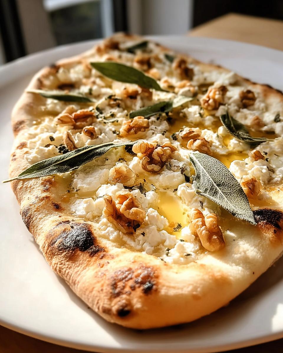 Ein gebackener Flammkuchen mit Ziegenkäse, Walnüssen, Salbeiblättern und Honig auf einem weißen Teller.