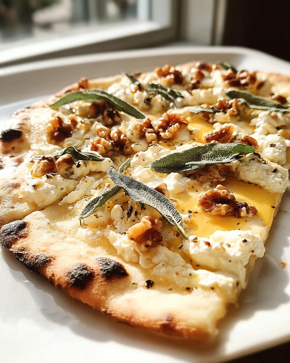 Nahaufnahme eines Stücks Flammkuchen mit Ziegenkäse, Walnüssen, Honig und Salbeiblättern.