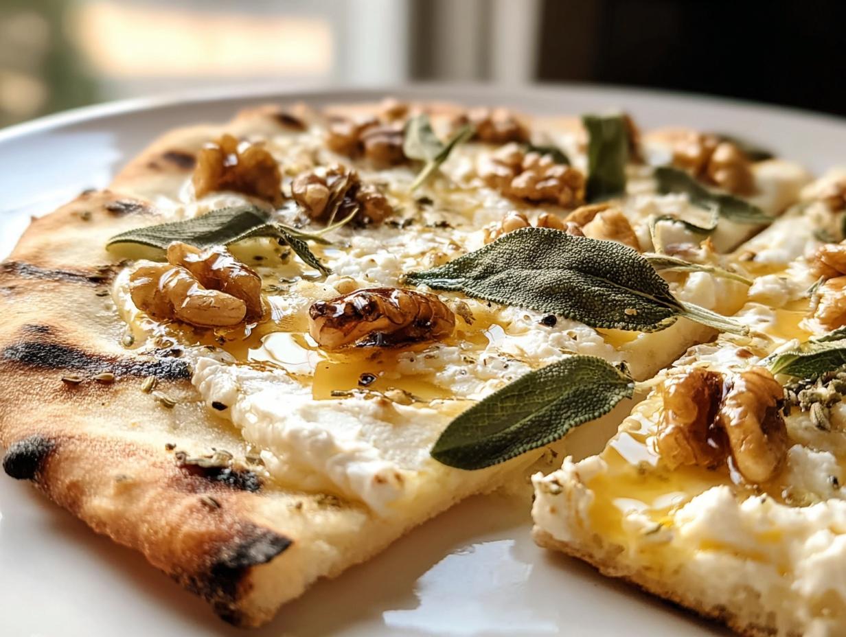 Nahaufnahme eines Flammkuchen mit Ziegenkäse, Walnüssen, Salbeiblättern und Honig.