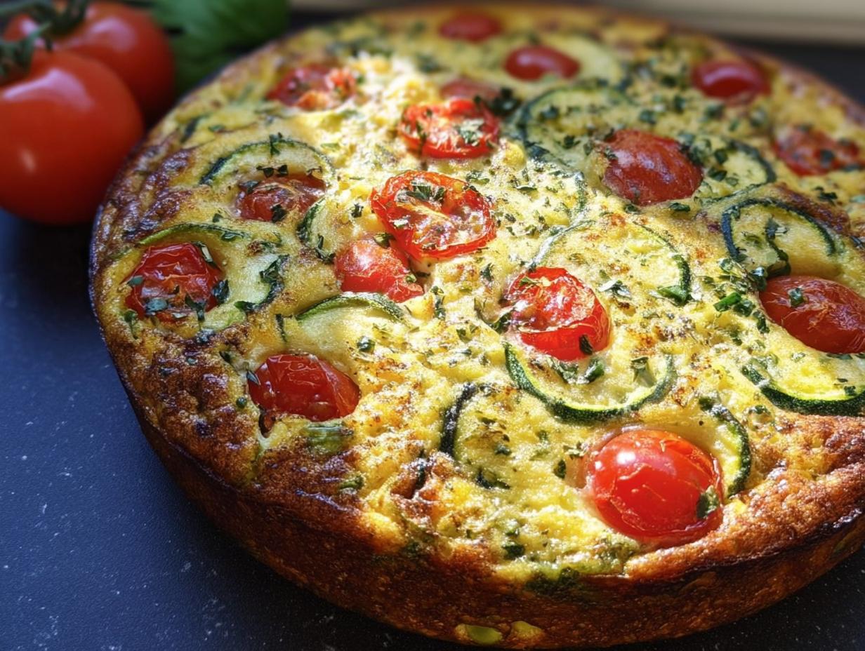 Nahaufnahme einer frisch gebackenen Frittata mit Zucchini & Tomaten, garniert mit Kräutern.