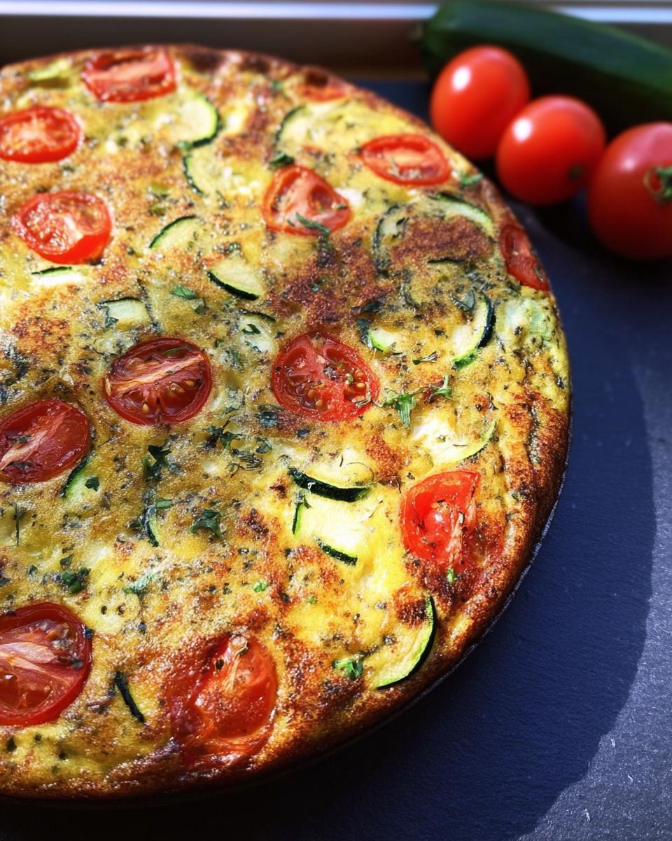 Nahaufnahme einer goldbraun gebackenen Frittata mit Zucchini & Tomaten, garniert mit frischen Kirschtomaten im Hintergrund.