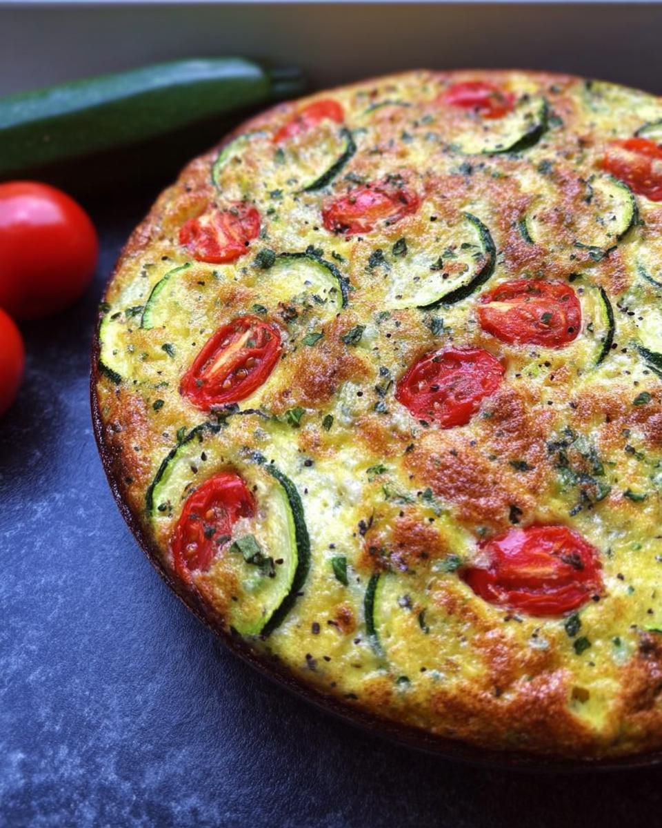 Nahaufnahme einer goldbraun gebackenen Frittata mit Zucchini & Tomaten, garniert mit Kräutern.