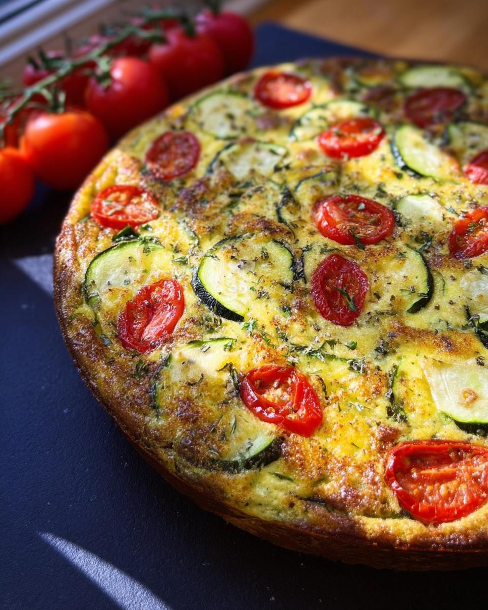 Nahaufnahme einer goldbraun gebackenen Frittata mit Zucchini & Tomaten und Kräutern, daneben ein Bund frischer Kirschtomaten.