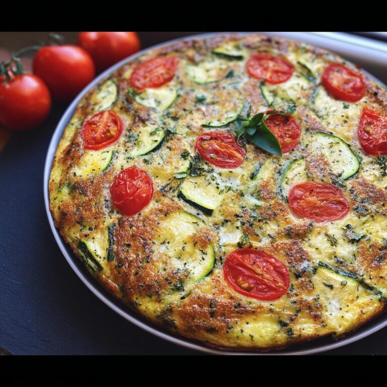 Eine goldbraun gebackene Frittata mit Zucchini & Tomaten, garniert mit frischen Kräutern.