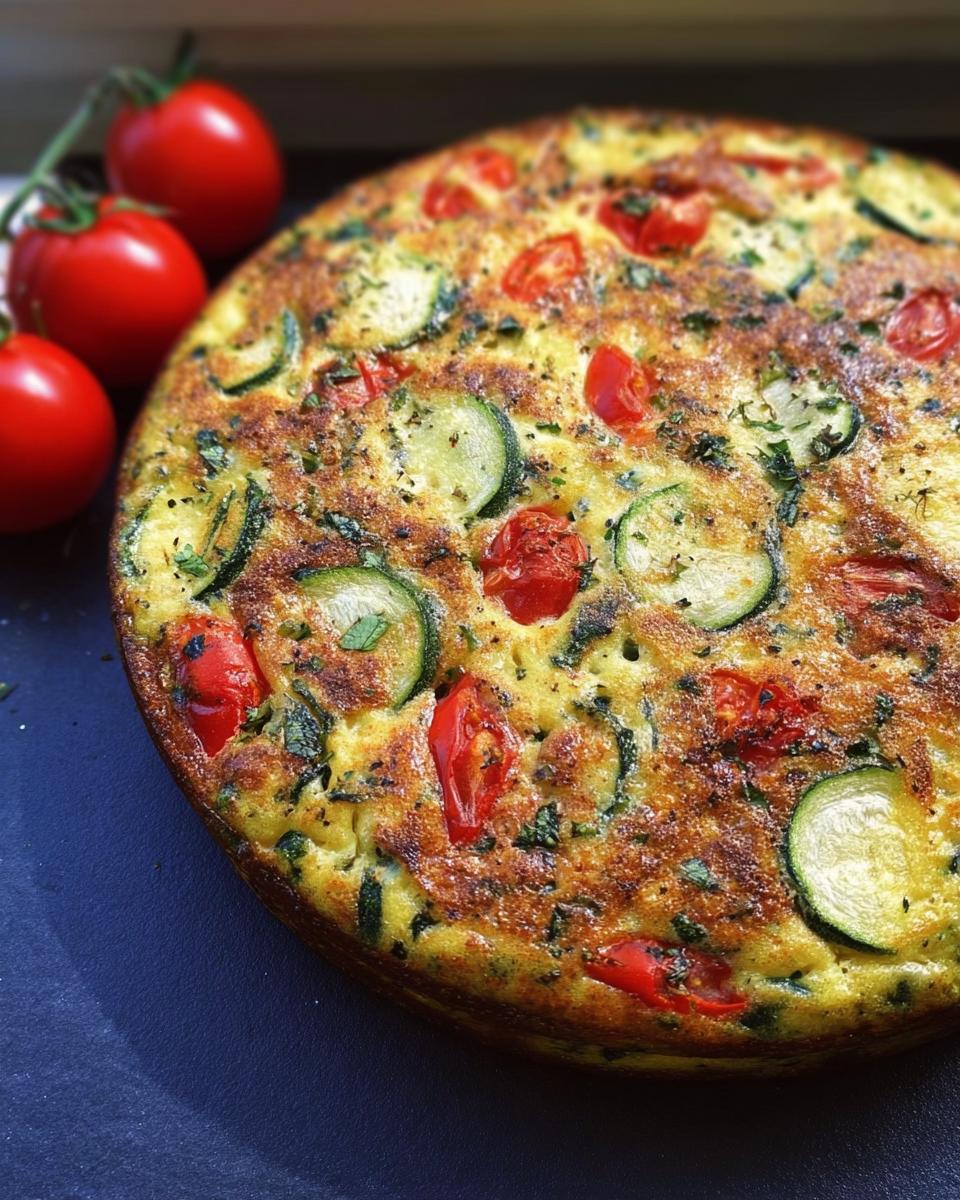 Nahaufnahme einer goldbraun gebackenen Frittata mit Zucchini & Tomaten, garniert mit frischen Kirschtomaten.