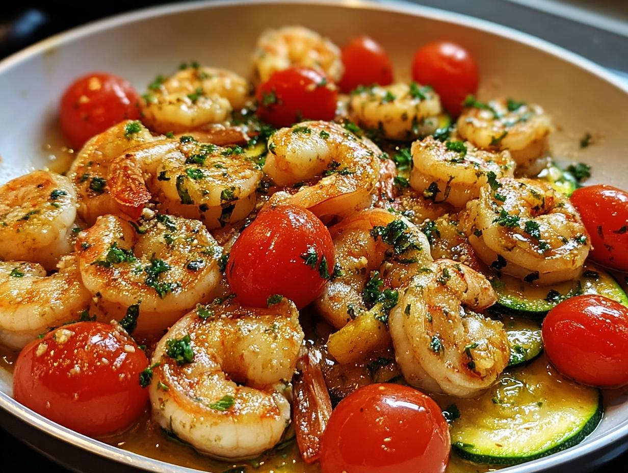 Nahaufnahme einer köstlichen Garnelen-Pfanne mit Knoblauch, Zucchini-Scheiben und Kirschtomaten.