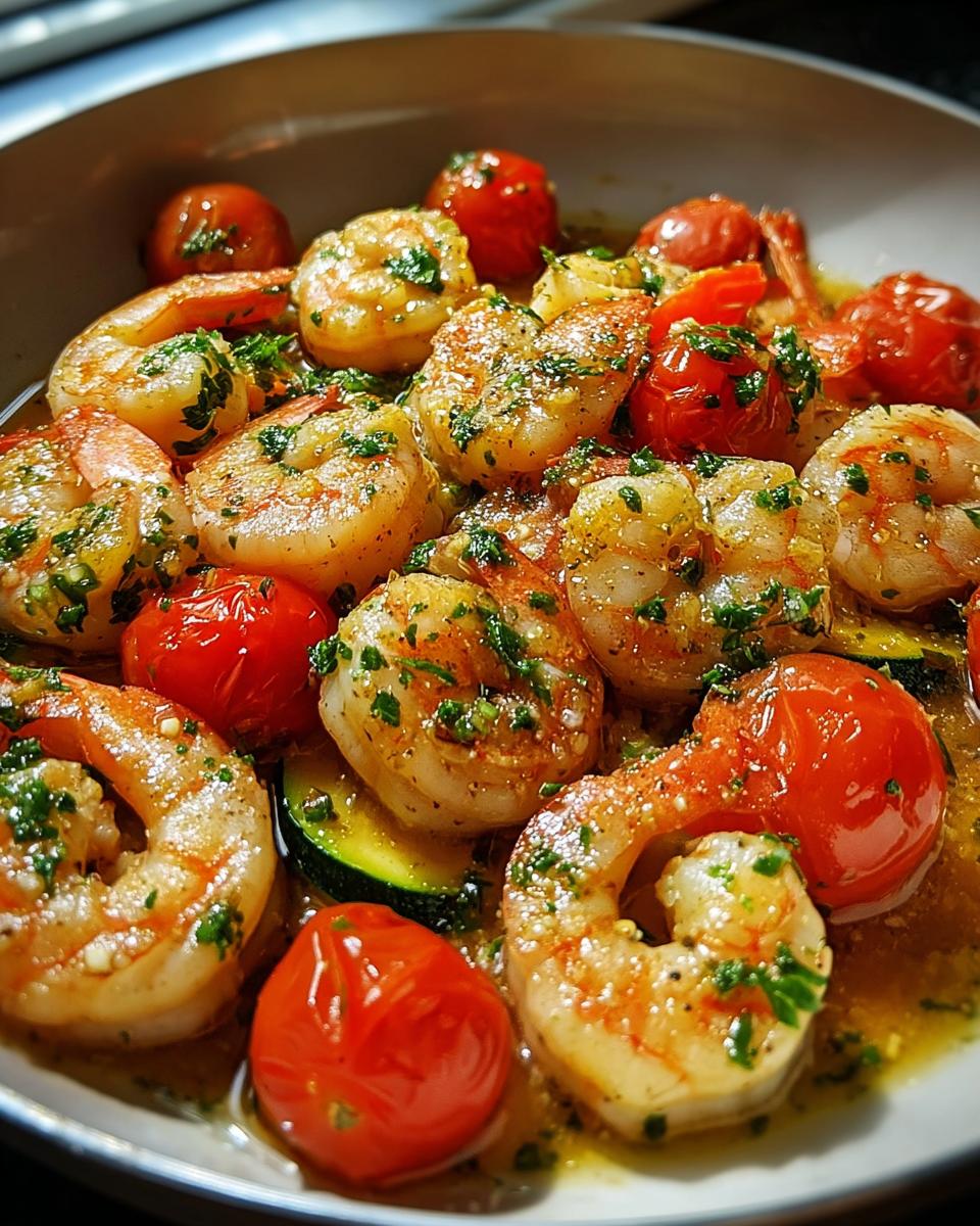 Nahaufnahme einer köstlichen Garnelen-Pfanne mit Knoblauch & Zucchini, Kirschtomaten und Kräutern in einer würzigen Sauce.