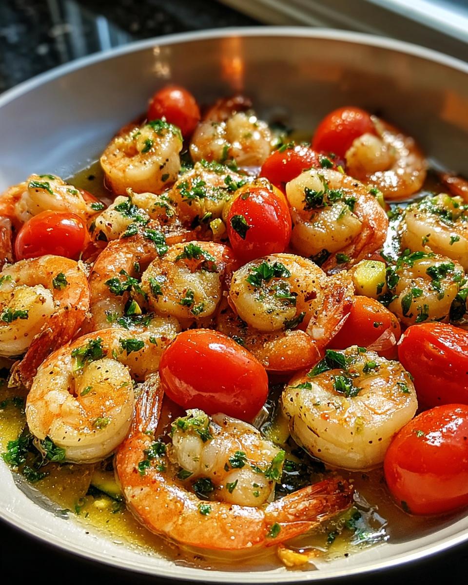 Nahaufnahme einer köstlichen Garnelen-Pfanne mit Knoblauch, Zucchini und Kirschtomaten, reichlich mit Kräutern bestreut.