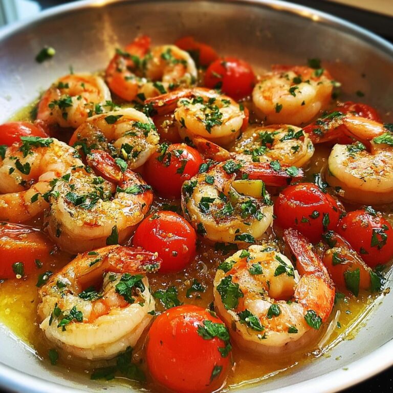 Nahaufnahme einer köstlichen Garnelen-Pfanne mit Knoblauch & Zucchini und Kirschtomaten in einer metallischen Pfanne.
