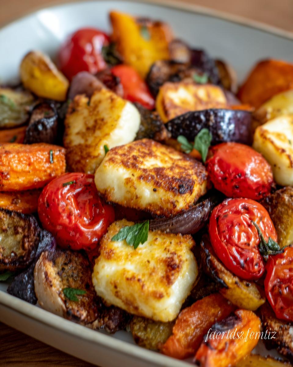 Nahaufnahme von gebratenem Halloumi mit geröstetem Gemüse wie Tomaten und Karotten für Gemüse-Döner mit Halloumi.