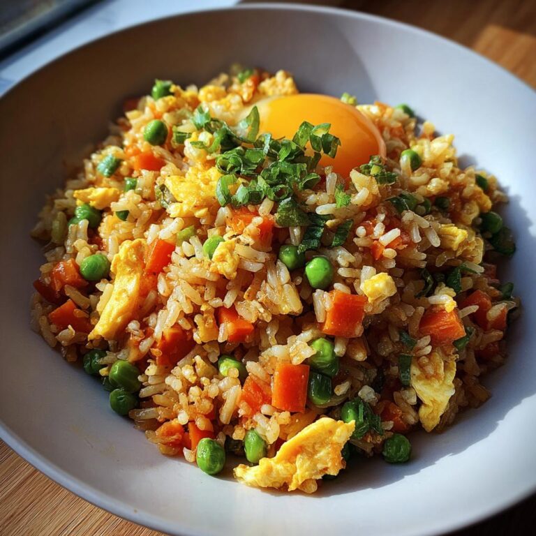 Nahaufnahme von Gebratener Reis mit Ei & Gemüse, garniert mit einem rohen Eigelb und Schnittlauch.