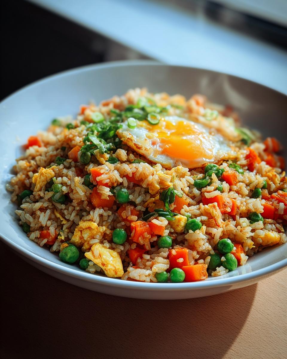 Nahaufnahme von Gebratener Reis mit Ei & Gemüse, garniert mit einem Spiegelei und Frühlingszwiebeln in einer weißen Schüssel.