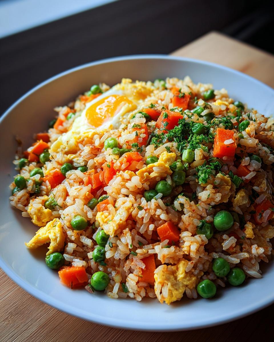 Nahaufnahme von Gebratener Reis mit Ei & Gemüse, garniert mit Erbsen, Karottenwürfeln und einem Spiegelei.