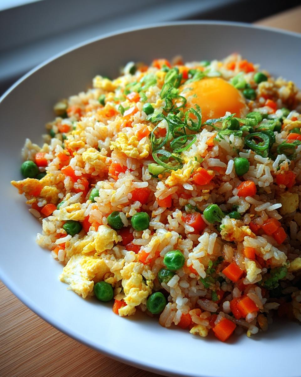 Nahaufnahme von Gebratener Reis mit Ei & Gemüse, garniert mit einem rohen Eigelb und Frühlingszwiebeln.