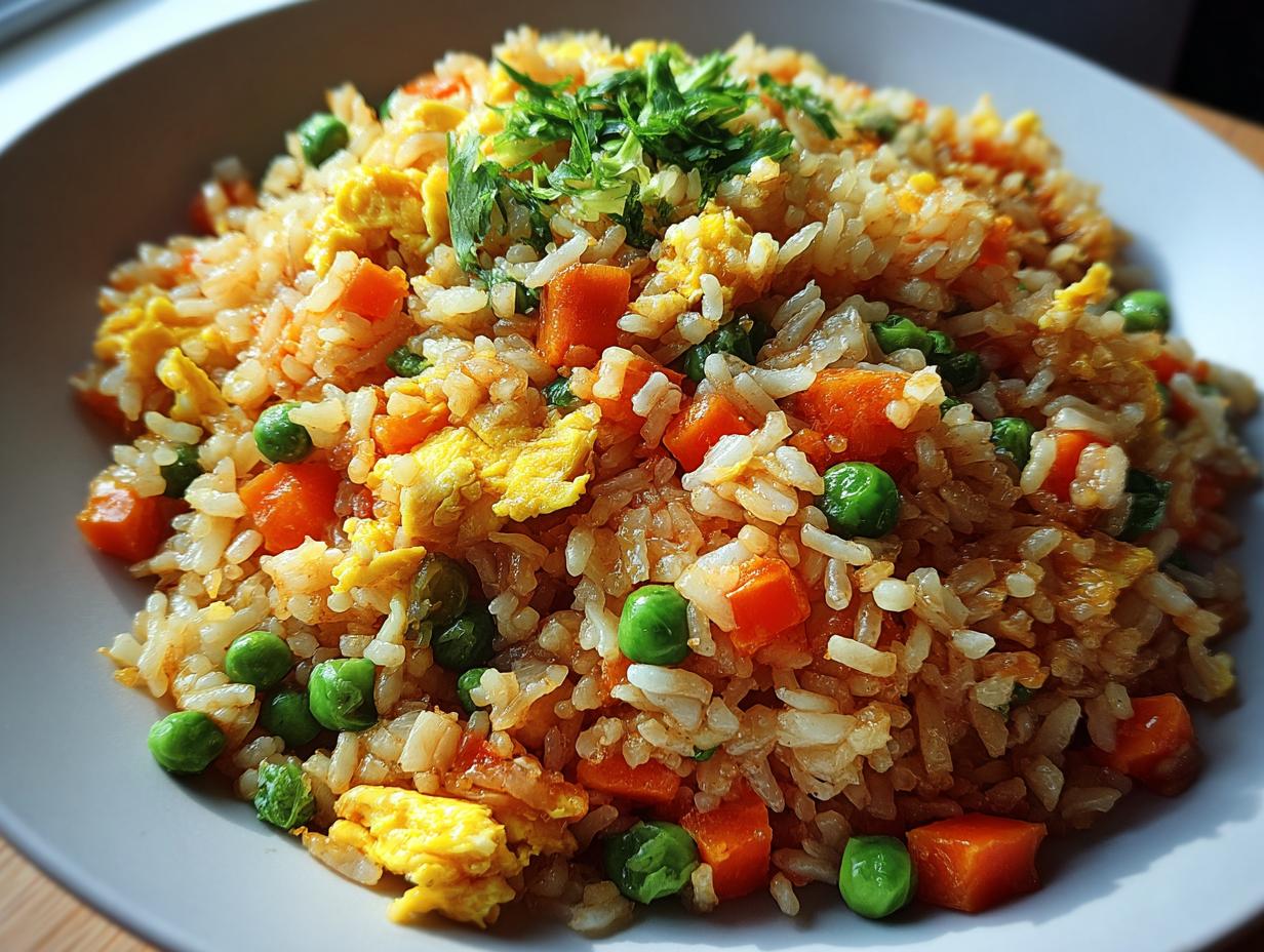 Nahaufnahme von Gebratener Reis mit Ei & Gemüse, garniert mit frischen Kräutern.